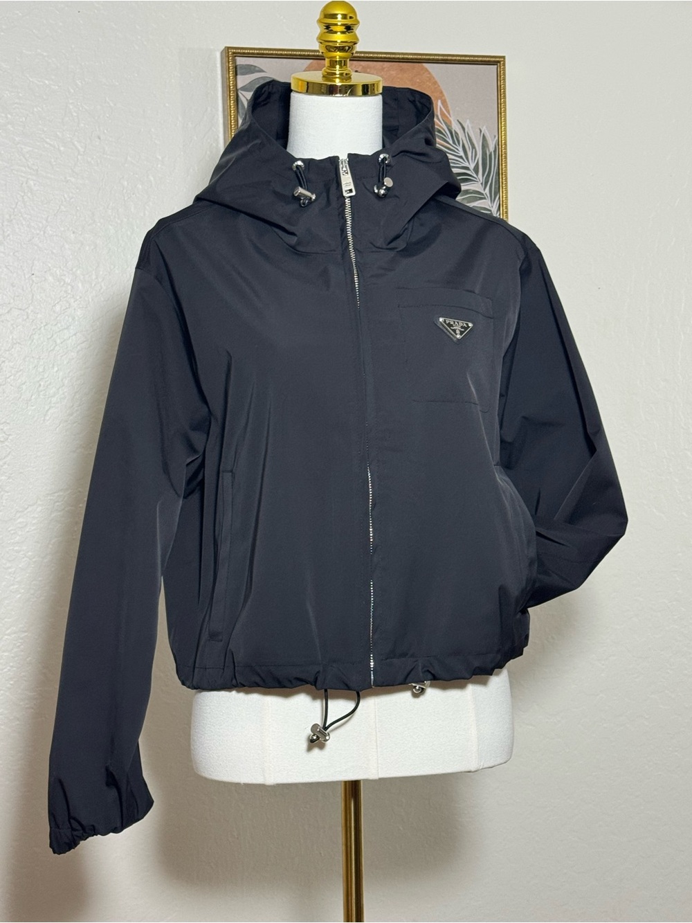 Prada Black Hooded Bomber Jacket with Logo Plaque